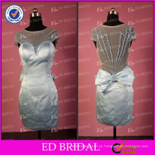 ED Bridal Elegant Real Picture Sheath Cap Sleeve Veja através de Back Beaded Material de cetim com arco Sash Short Style Evening Dress